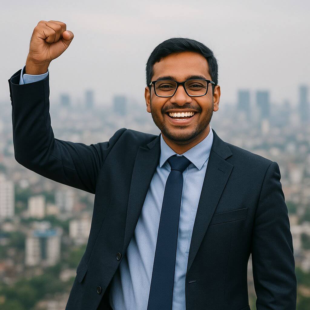 A smiling Bangladeshi professional in a suit raising his hand in celebration, standing before a blurred city skyline.