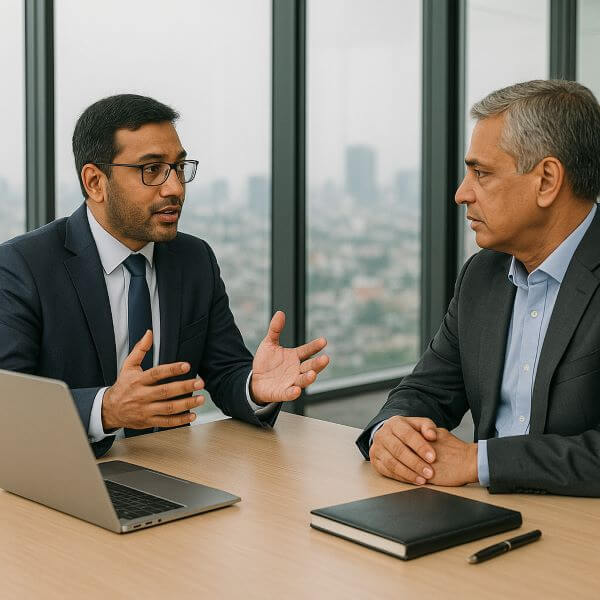 A Bangladeshi business consultant in a meeting room discussing strategies with a senior executive, city skyline blurred in the background.