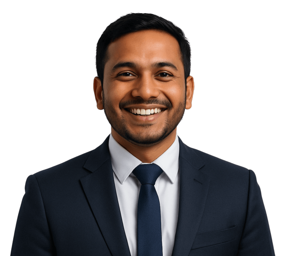 Bangladeshi professional in formal suit smiling confidently representing ITQAN Consulting’s sincere services and lasting results.
