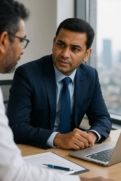 Bangladeshi consultant in a suit leaning forward and listening carefully to a colleague during a team discussion in a modern office.